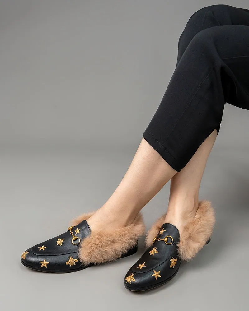 Classic Metal Buckle Bee Star Embroidered Fur Loafers