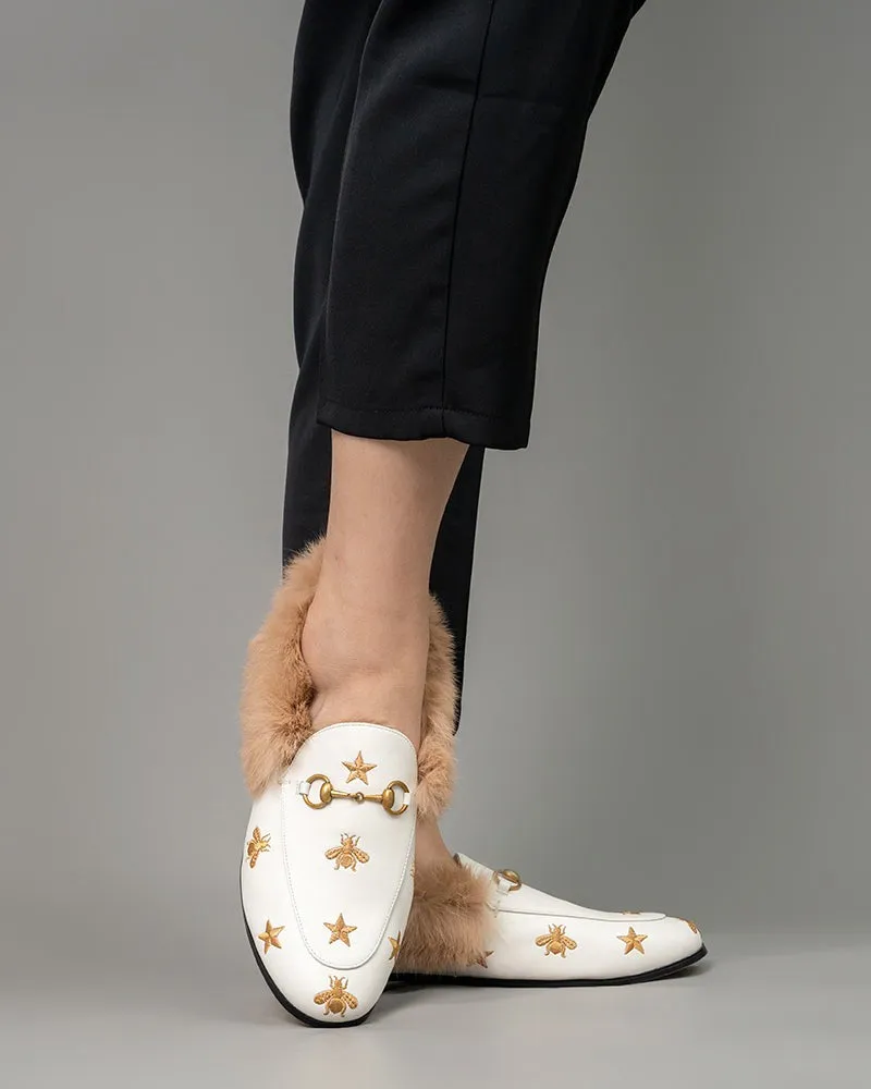 Classic Metal Buckle Bee Star Embroidered Fur Loafers