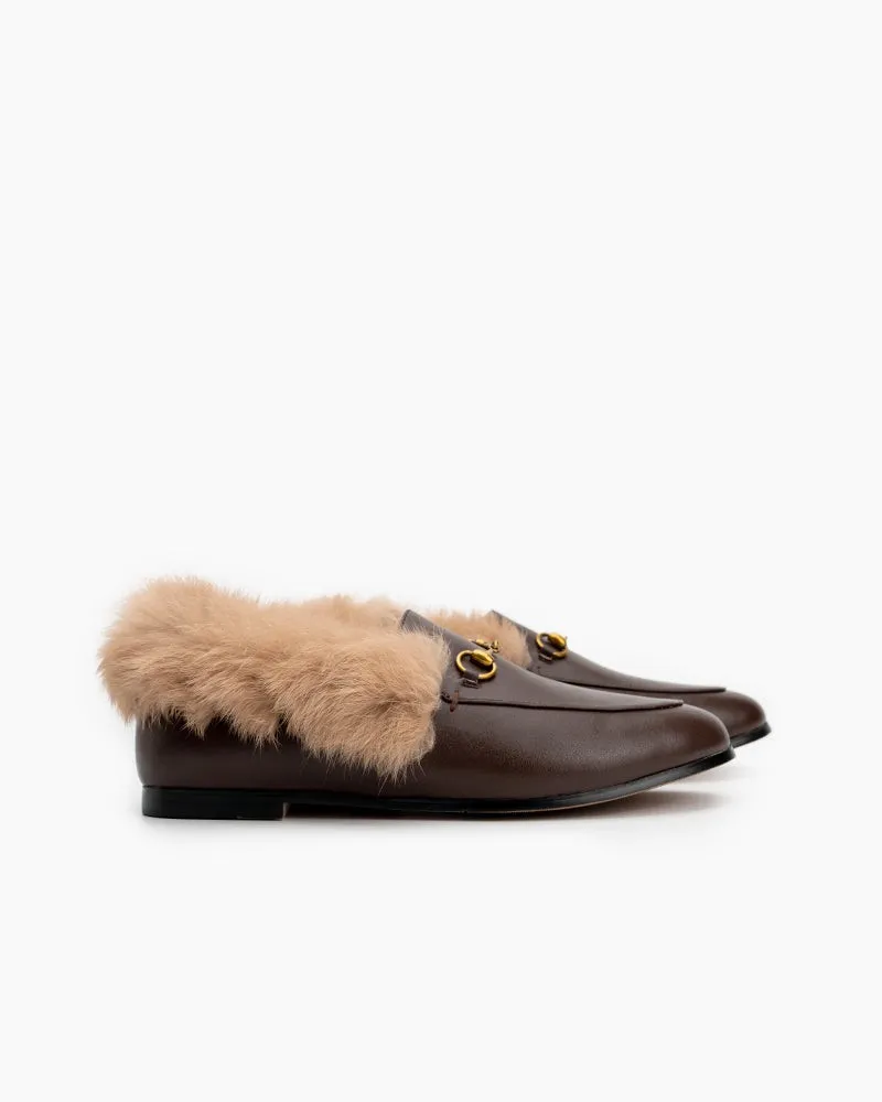 Classic Metal Buckle Fur Slip-on Flat Penny Loafers