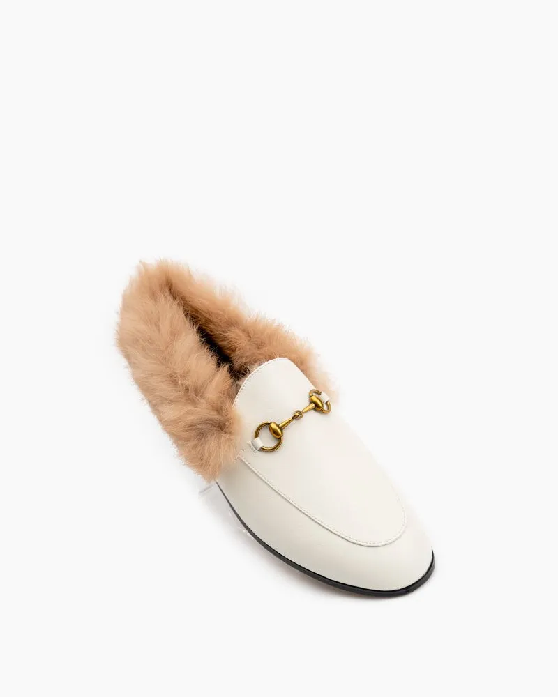 Classic Metal Buckle Fur Slip-on Flat Penny Loafers