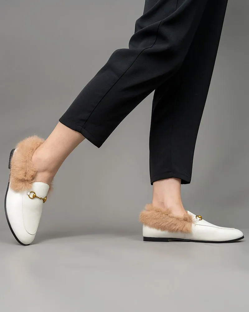 Classic Metal Buckle Fur Slip-on Flat Penny Loafers