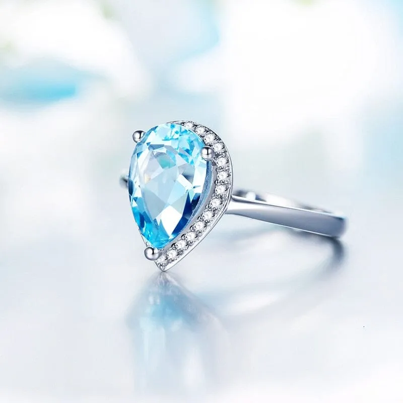 Classic Water Drop Aquamarine Ring - 925 Sterling Silver