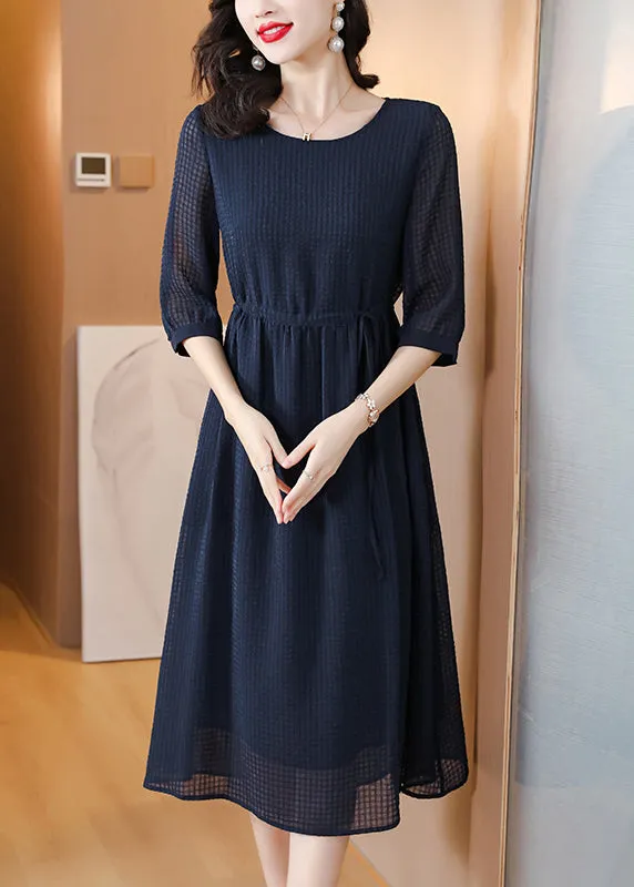 Classy Navy O Neck Drawstring Chiffon Dress Summer BB004