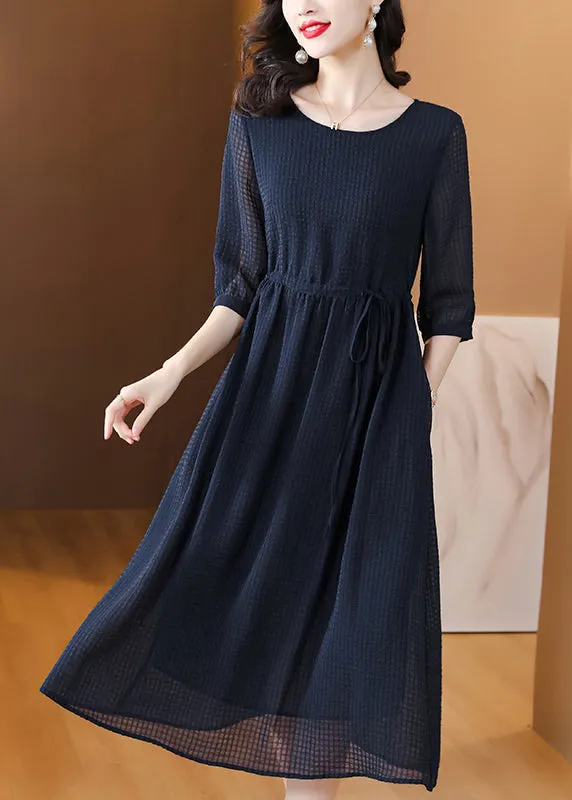 Classy Navy O Neck Drawstring Chiffon Dress Summer BB004