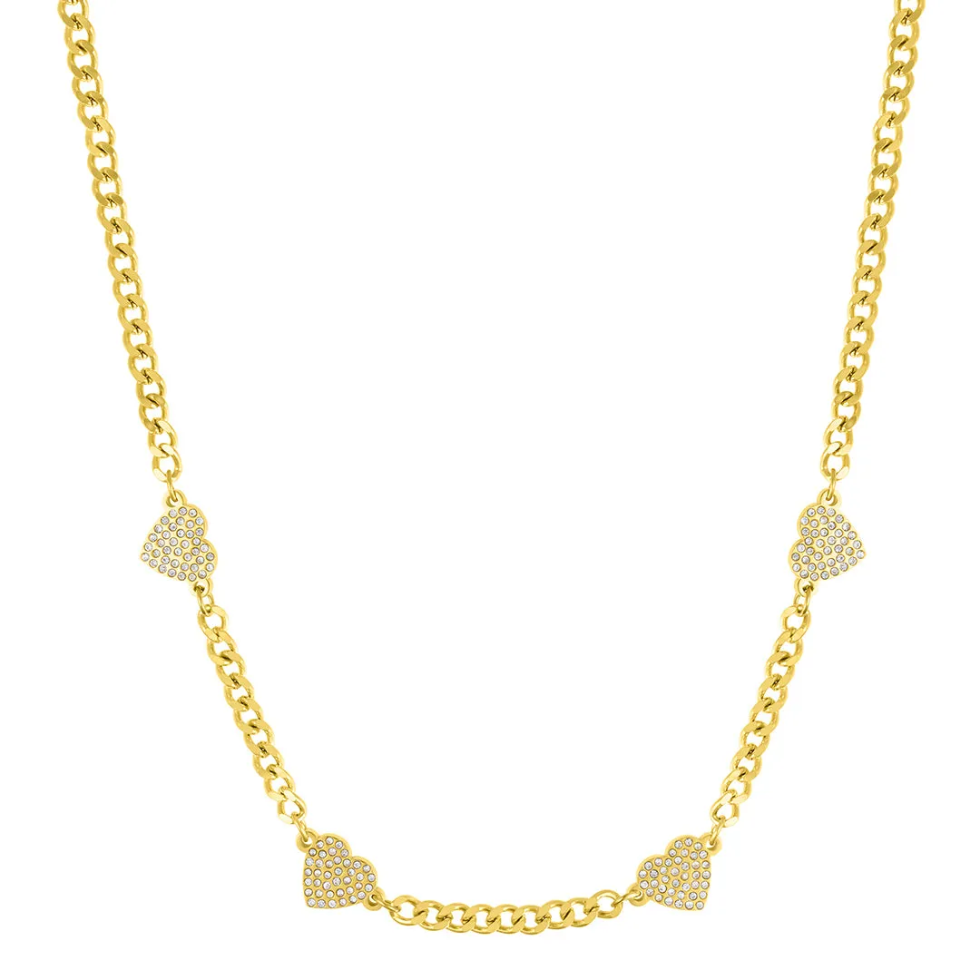 Curb Chain with Crystal Hearts Necklace gold