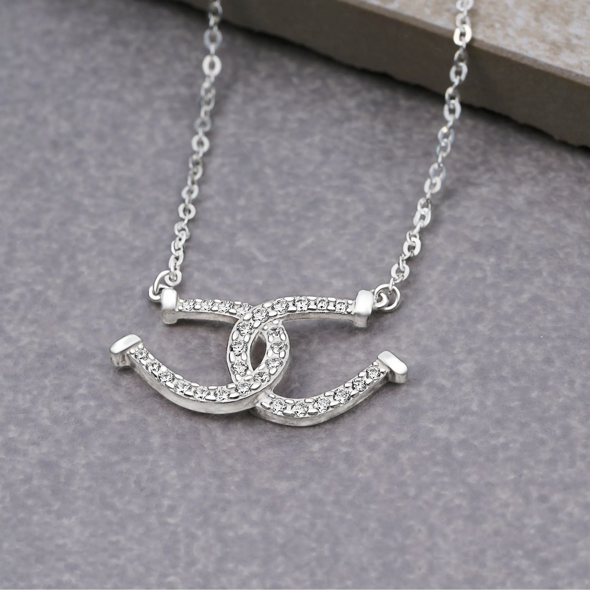 CZ Lucky Double Horseshoe Necklace Sterling Silver