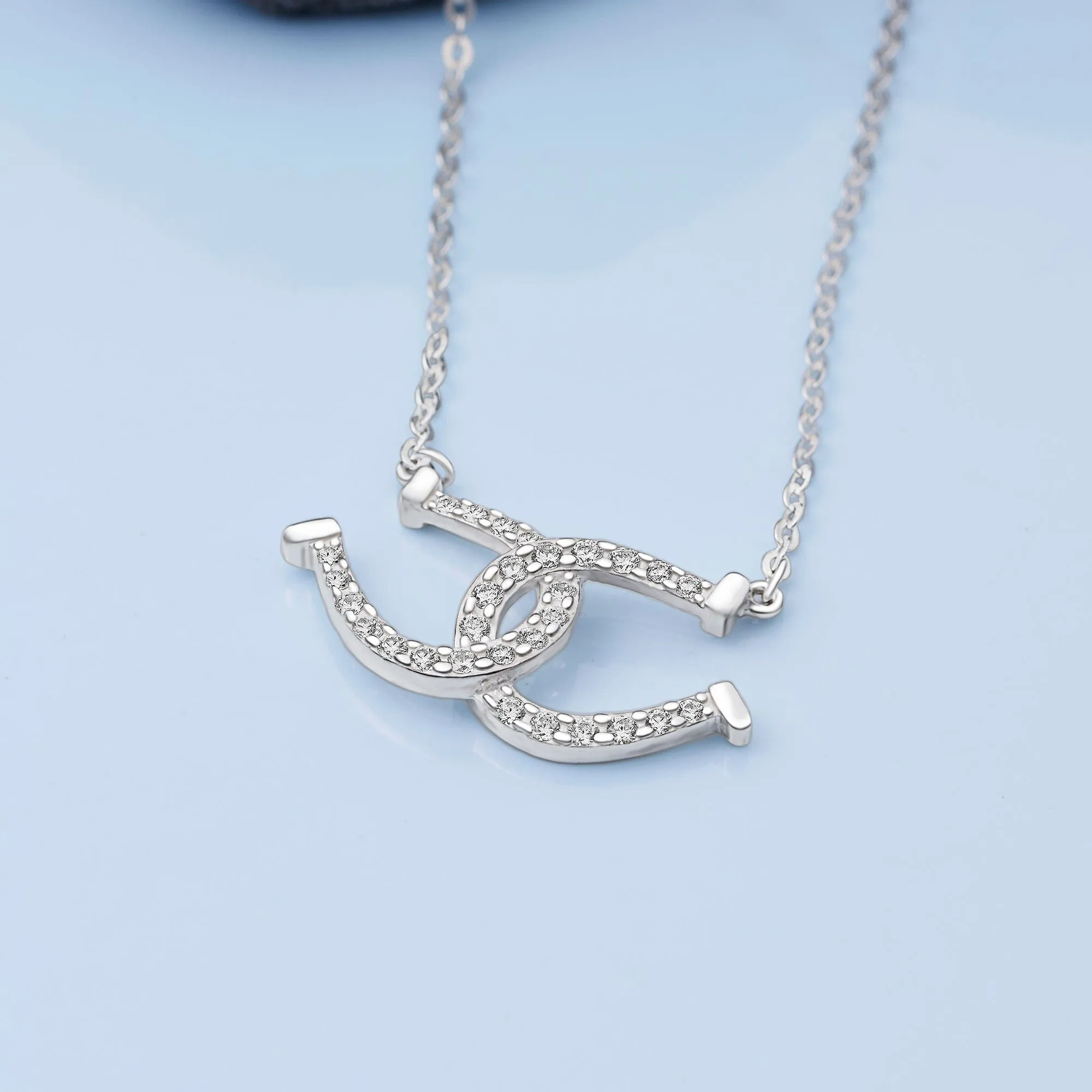 CZ Lucky Double Horseshoe Necklace Sterling Silver