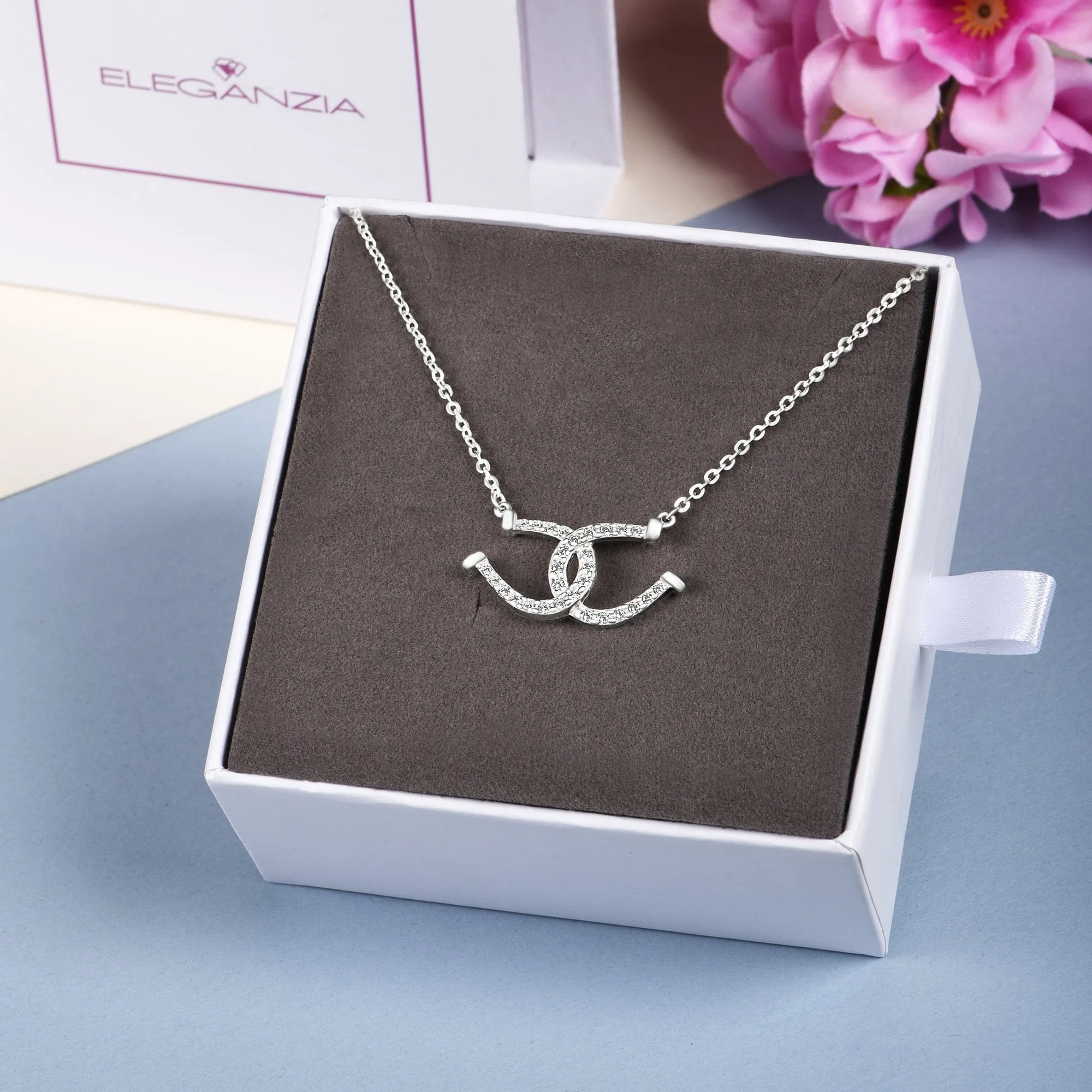 CZ Lucky Double Horseshoe Necklace Sterling Silver