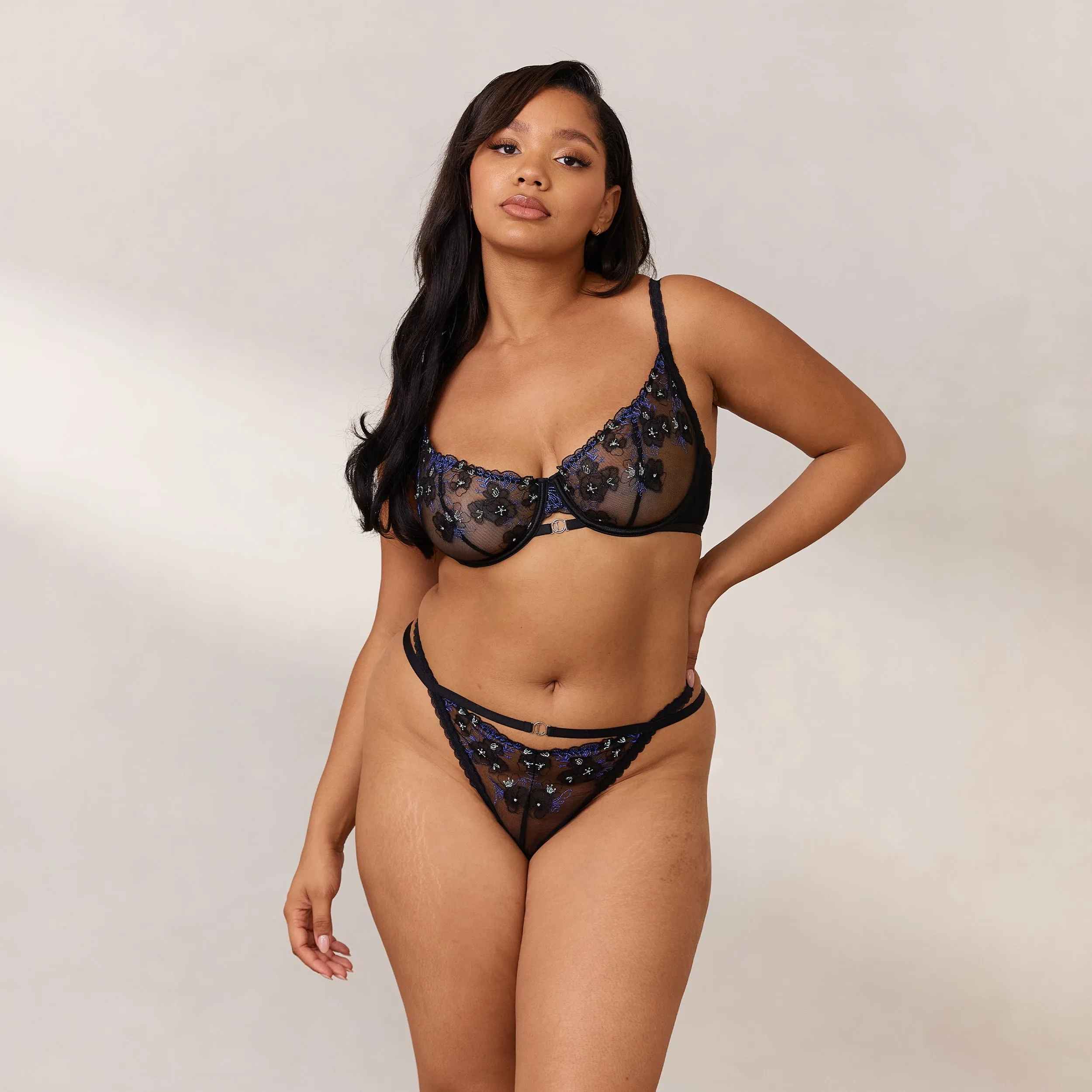 Ditsy Embroidered Balcony Bra - Black