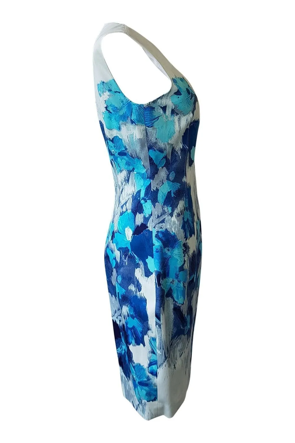 ELIE TAHARI White Blue Floral Print Sleeveless Shift Dress (UK 8)