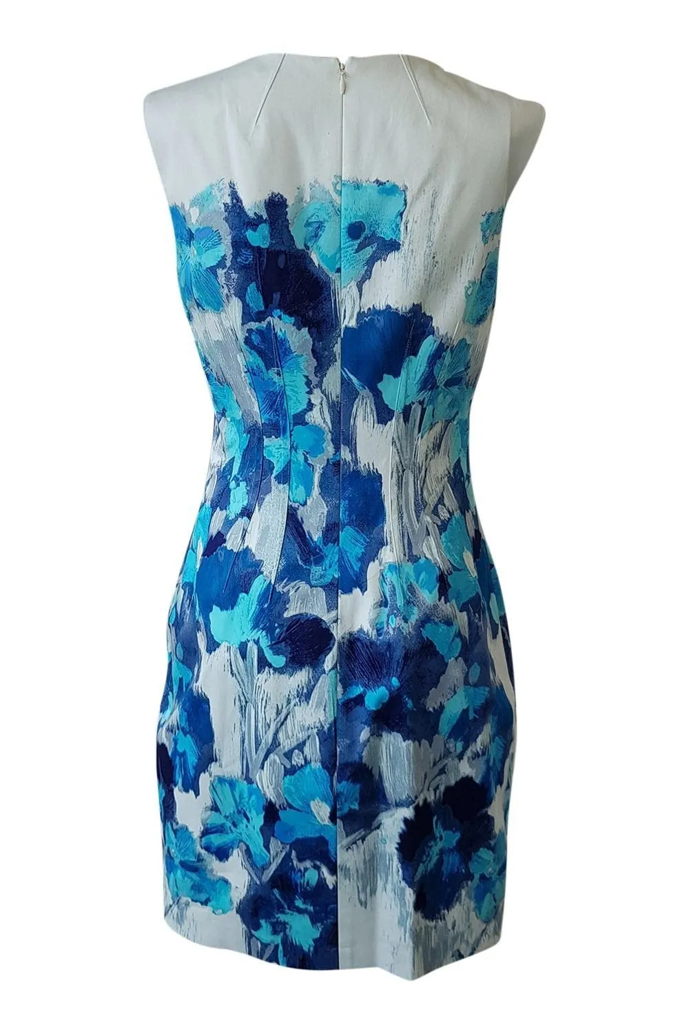 ELIE TAHARI White Blue Floral Print Sleeveless Shift Dress (UK 8)