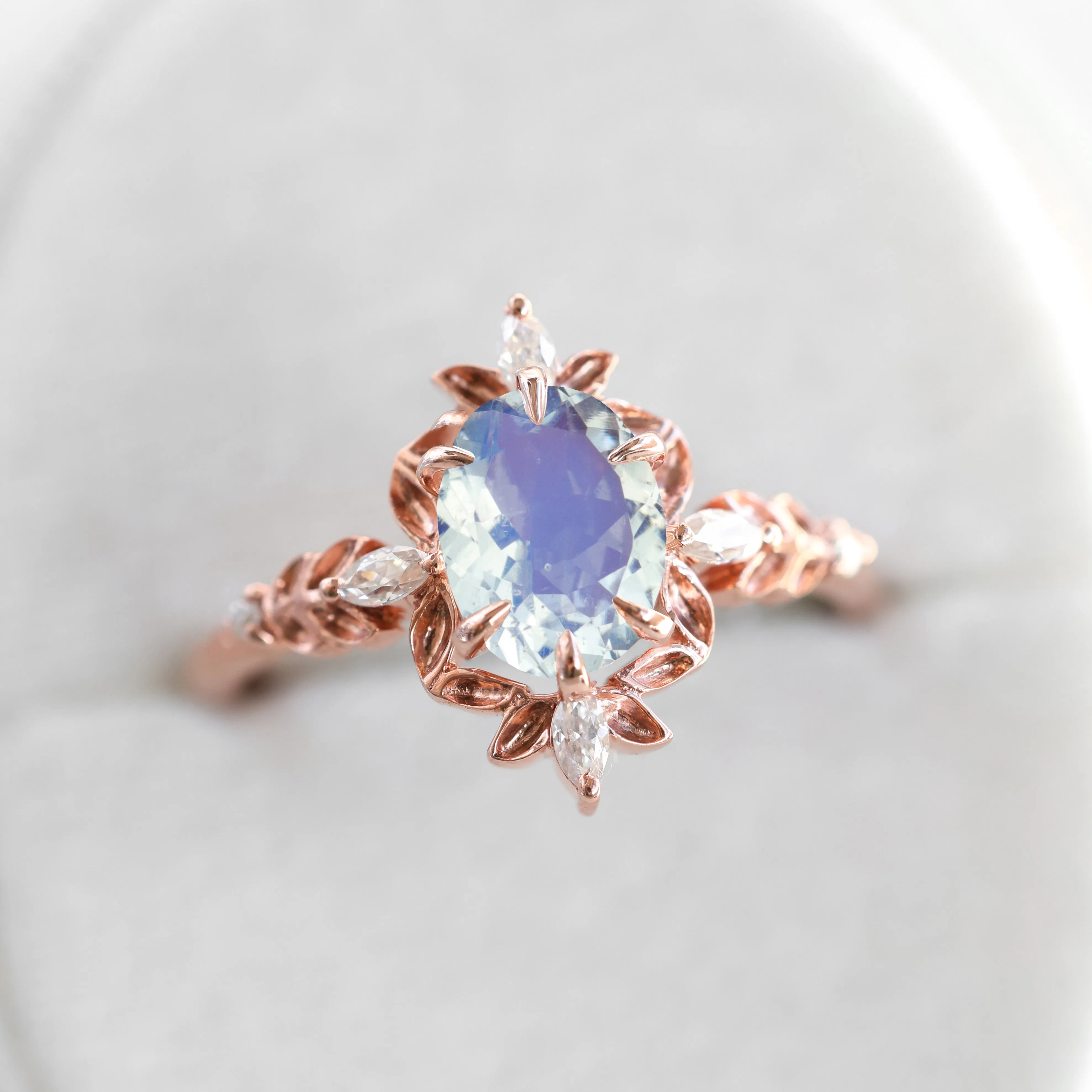 Enya Rainbow Moonstone Leaf Diamond Engagement Ring