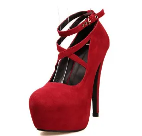 Faux Suede Strappy Platform Pumps High Heels Club Shoes 1444