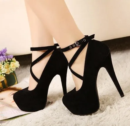 Faux Suede Strappy Platform Pumps High Heels Club Shoes 1444