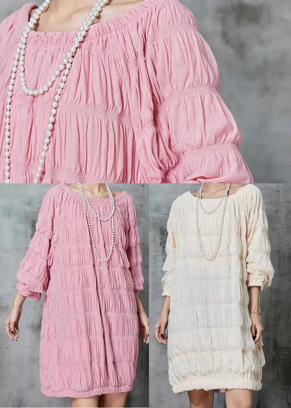 Fine Pink Slash Neck Wrinkled Cotton Mid Dress Spring JK1040