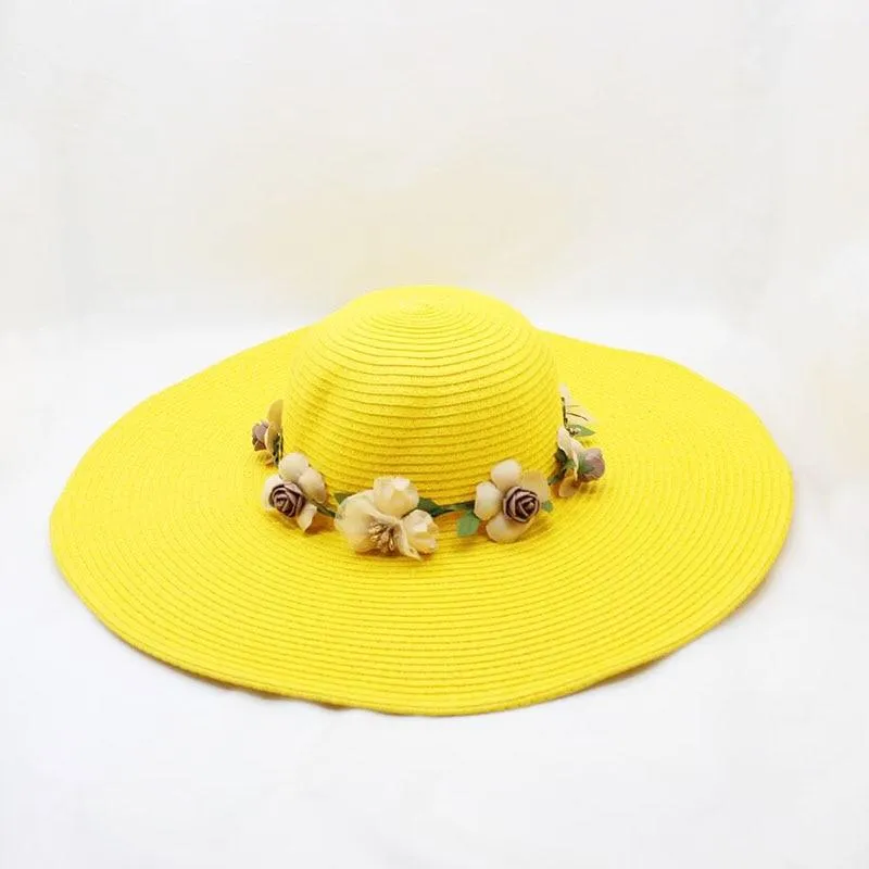 Floppy Wide Brim Sun Hat with Organza Flowers