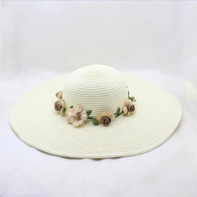 Floppy Wide Brim Sun Hat with Organza Flowers