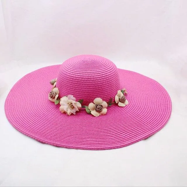 Floppy Wide Brim Sun Hat with Organza Flowers