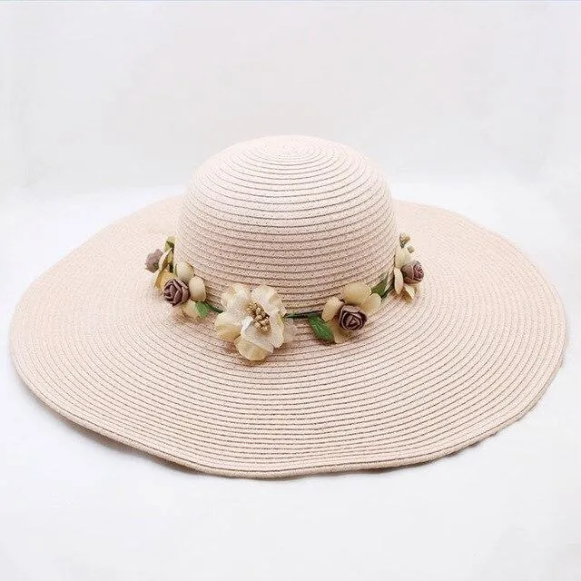 Floppy Wide Brim Sun Hat with Organza Flowers