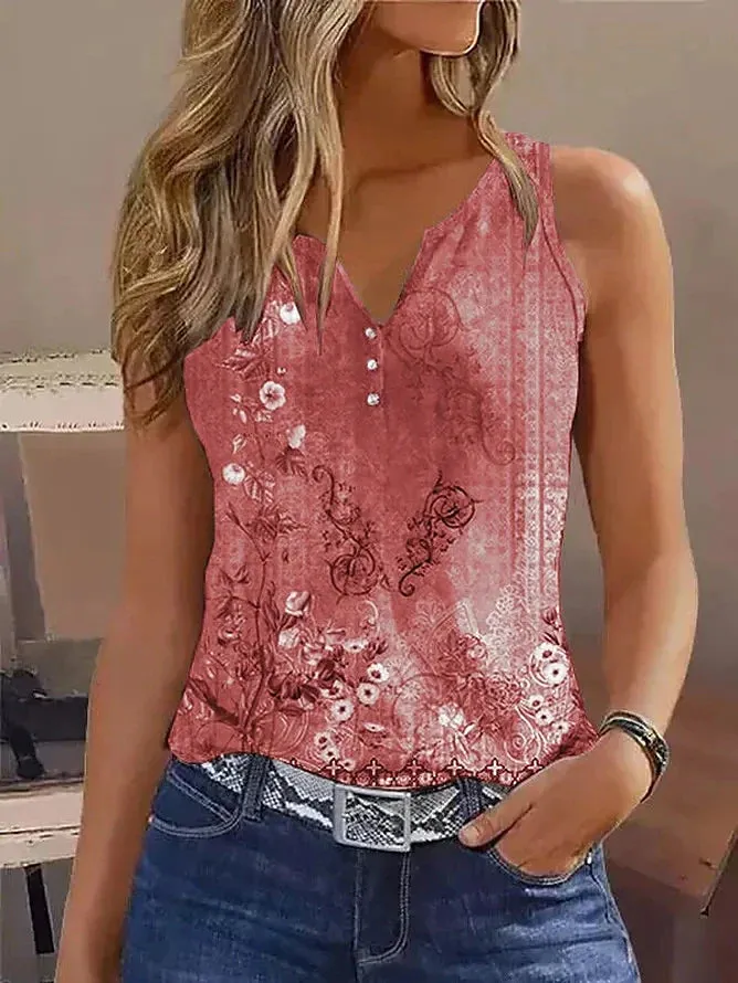 Floral Print Button V-Neck Short Sleeve Women's Tank Top