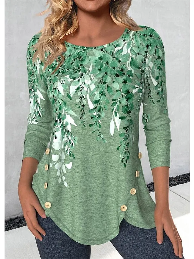 Floral Print Long Sleeve Women's T-shirt with Button Detail