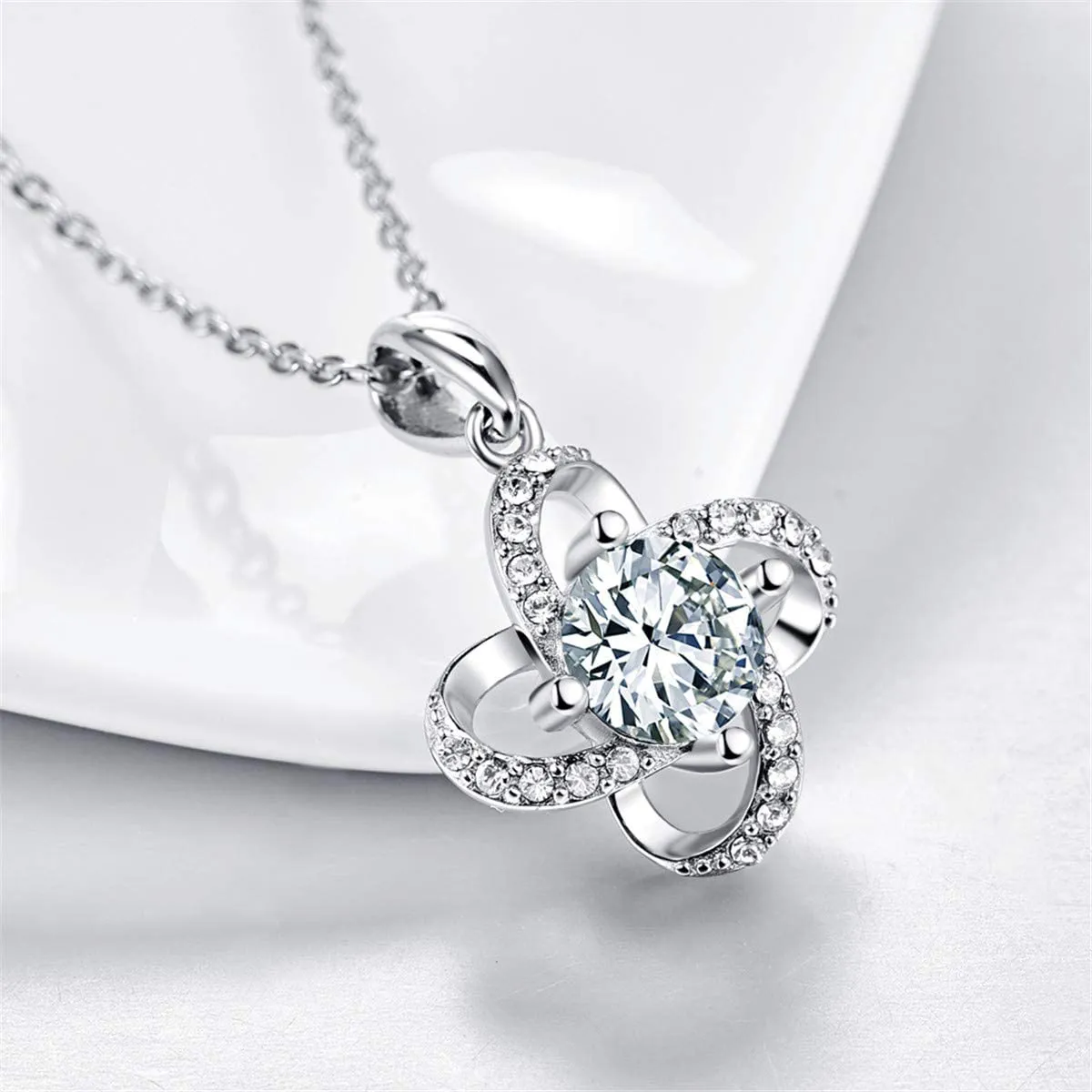 Flower Pendant Necklace 925 Sterling Silver Clear Austrian Crystal Gift Packing for Women