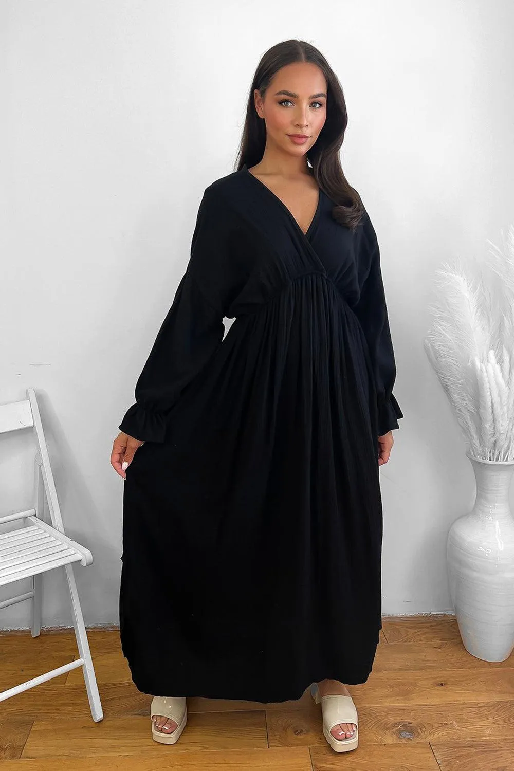 Flute Sleeve Cheesecloth Maxi Dress