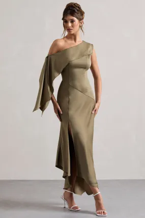 Freesia | Olive Satin Asymmetric Draped Split Maxi Dress