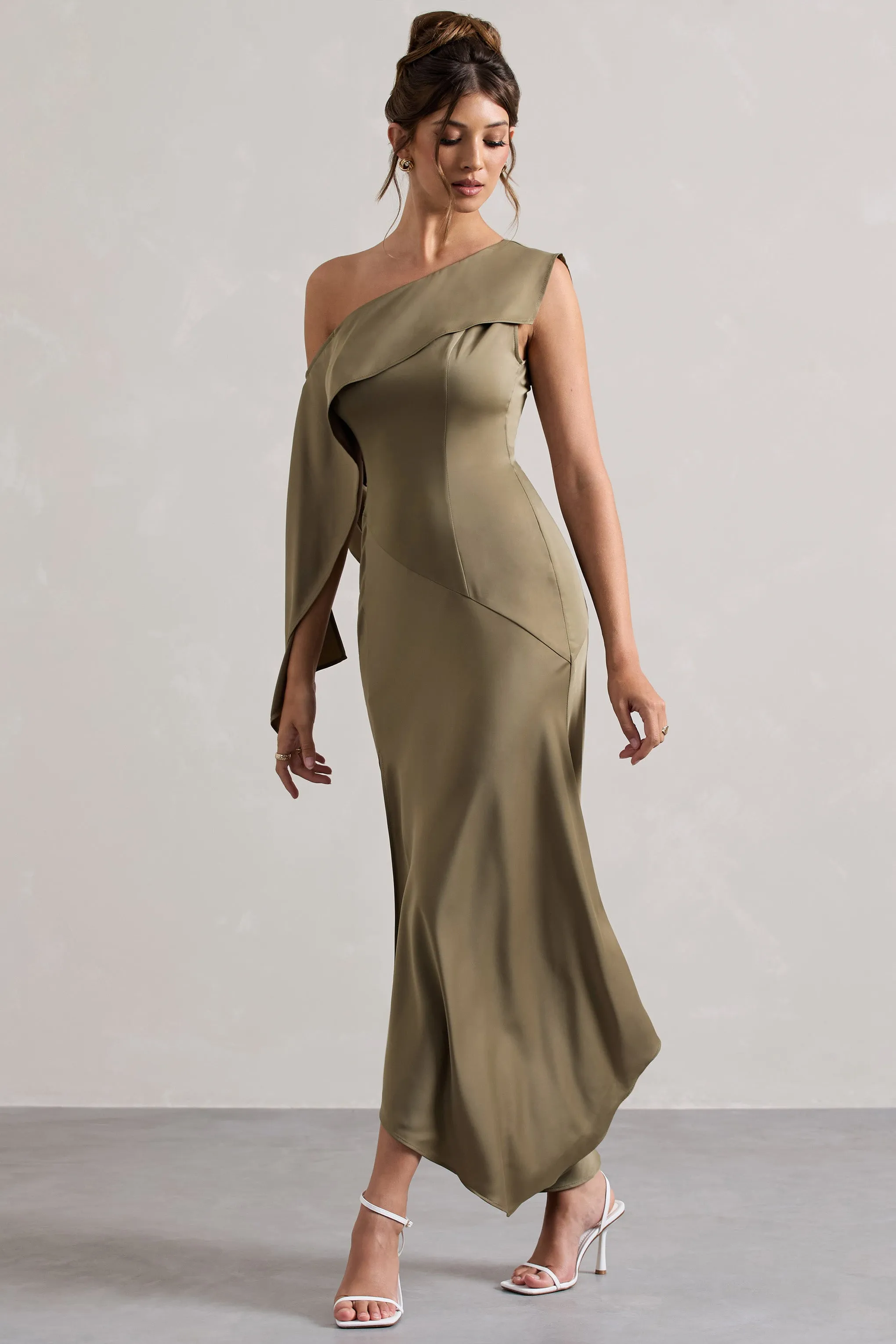 Freesia | Olive Satin Asymmetric Draped Split Maxi Dress