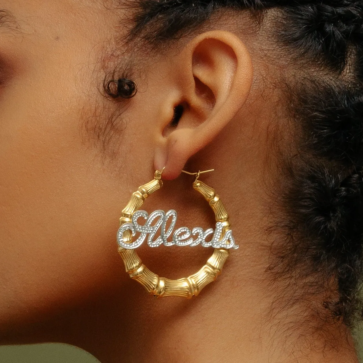 Frosted Bamboo Script Name Earrings