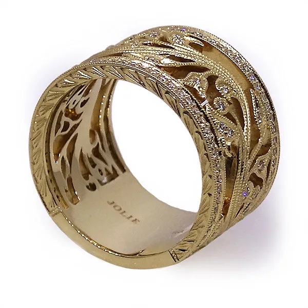 Gold Floral and Diamond Wide Band by Jolie