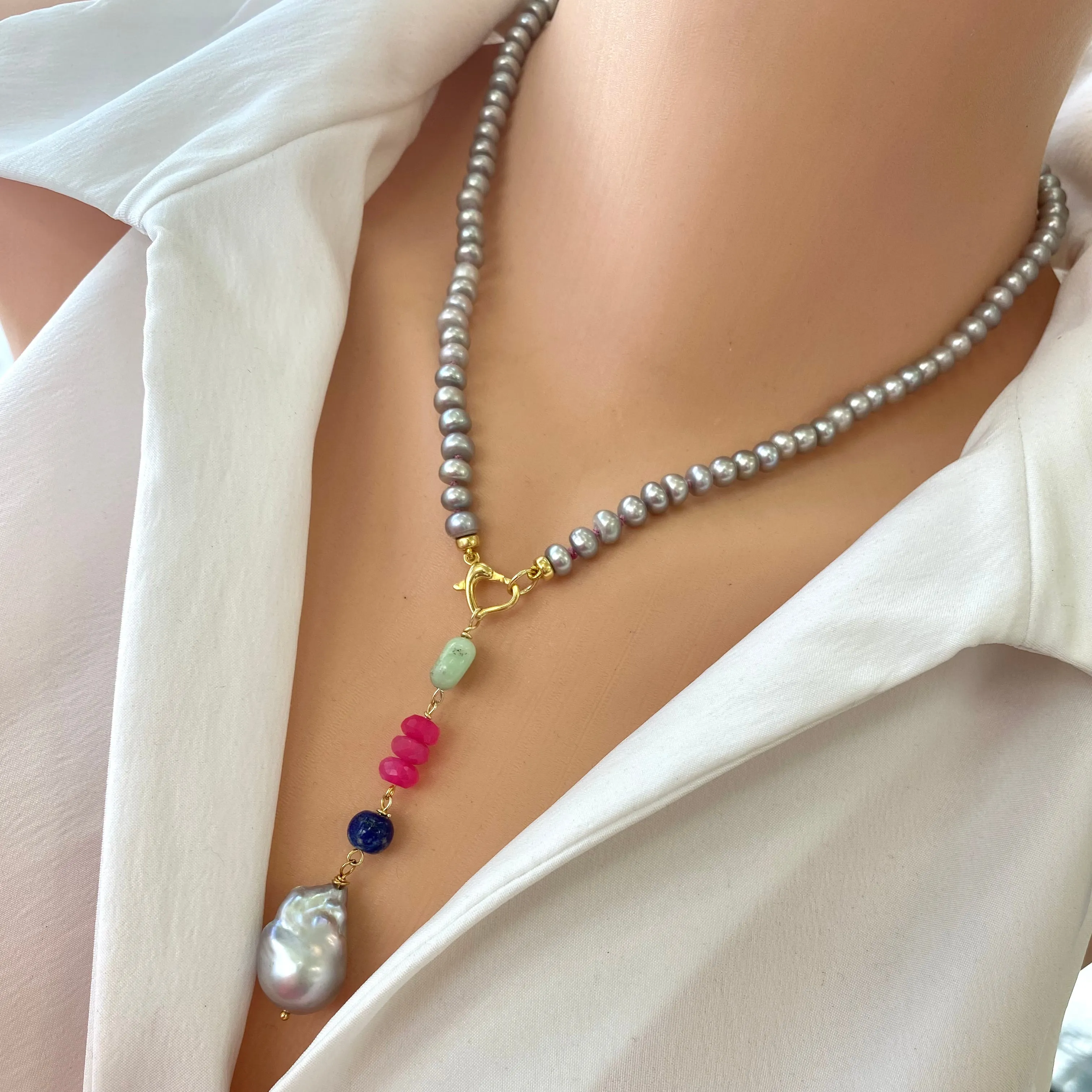 Grey Pearl Necklace, Chalcedony, Chrysoprase, Lapis & Baroque Pearl Removable Pendant, Gold Vermeil, 18in