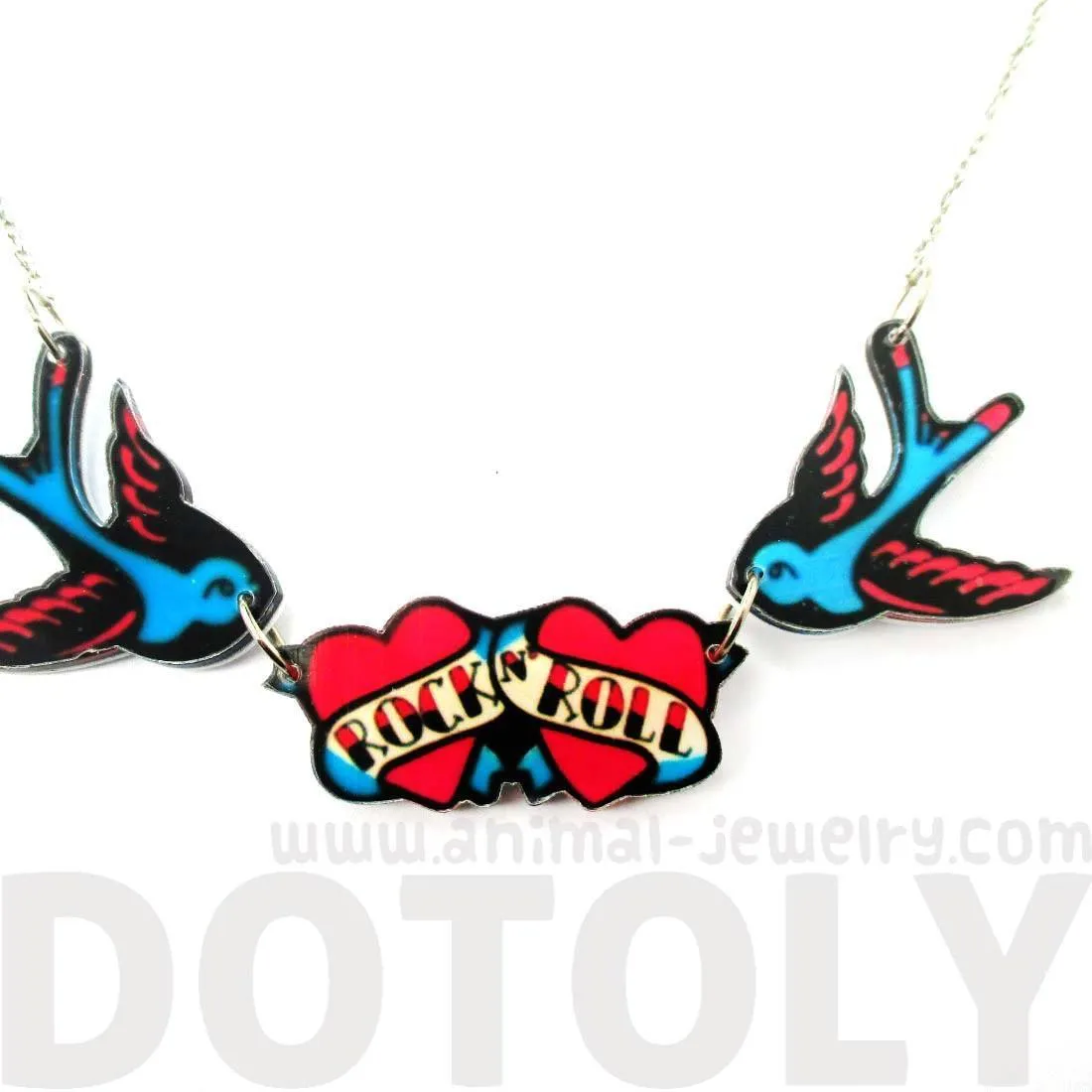 I Love Rock & Roll Sparrow Bird Shaped Tattoo Inspired Acrylic Pendant Necklace