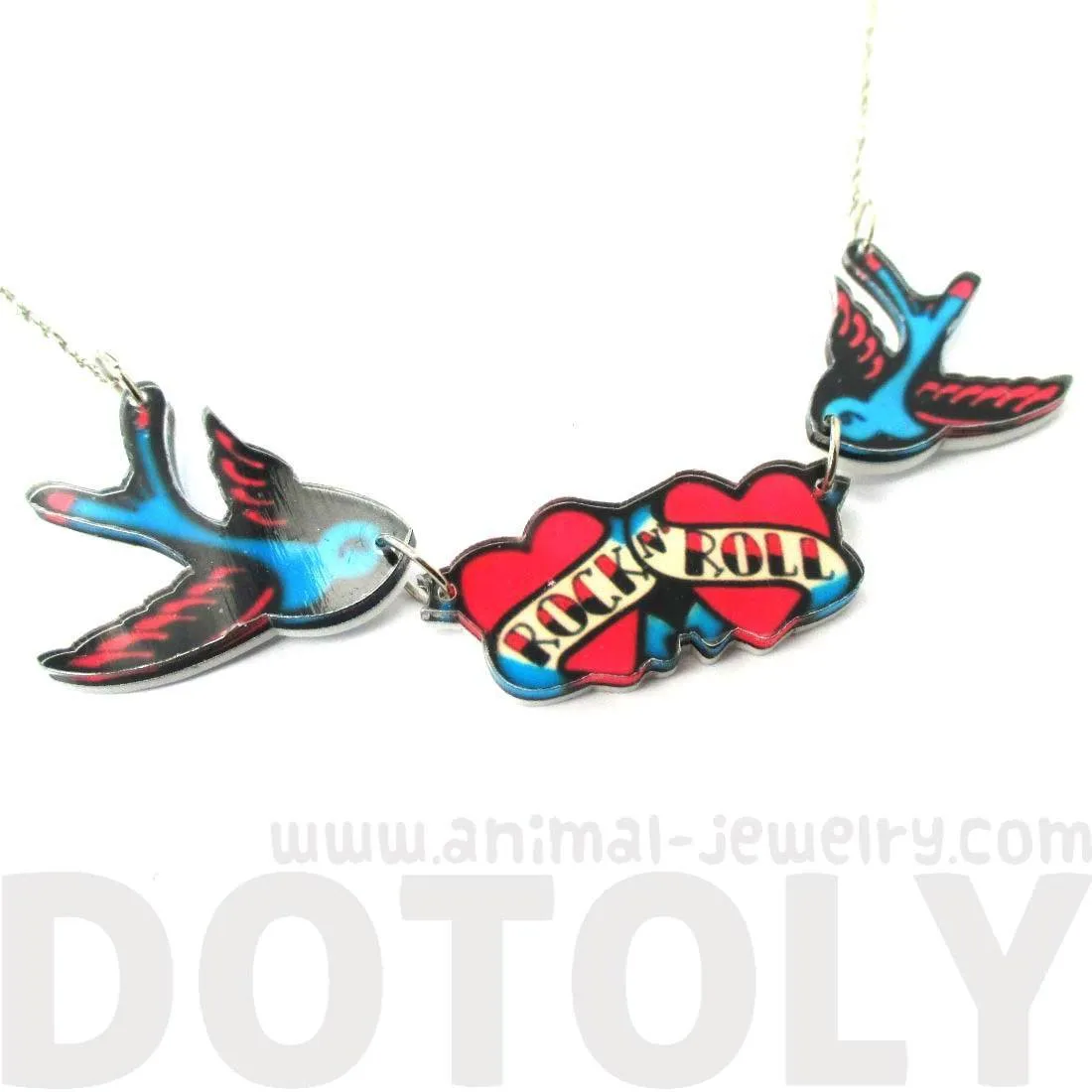 I Love Rock & Roll Sparrow Bird Shaped Tattoo Inspired Acrylic Pendant Necklace