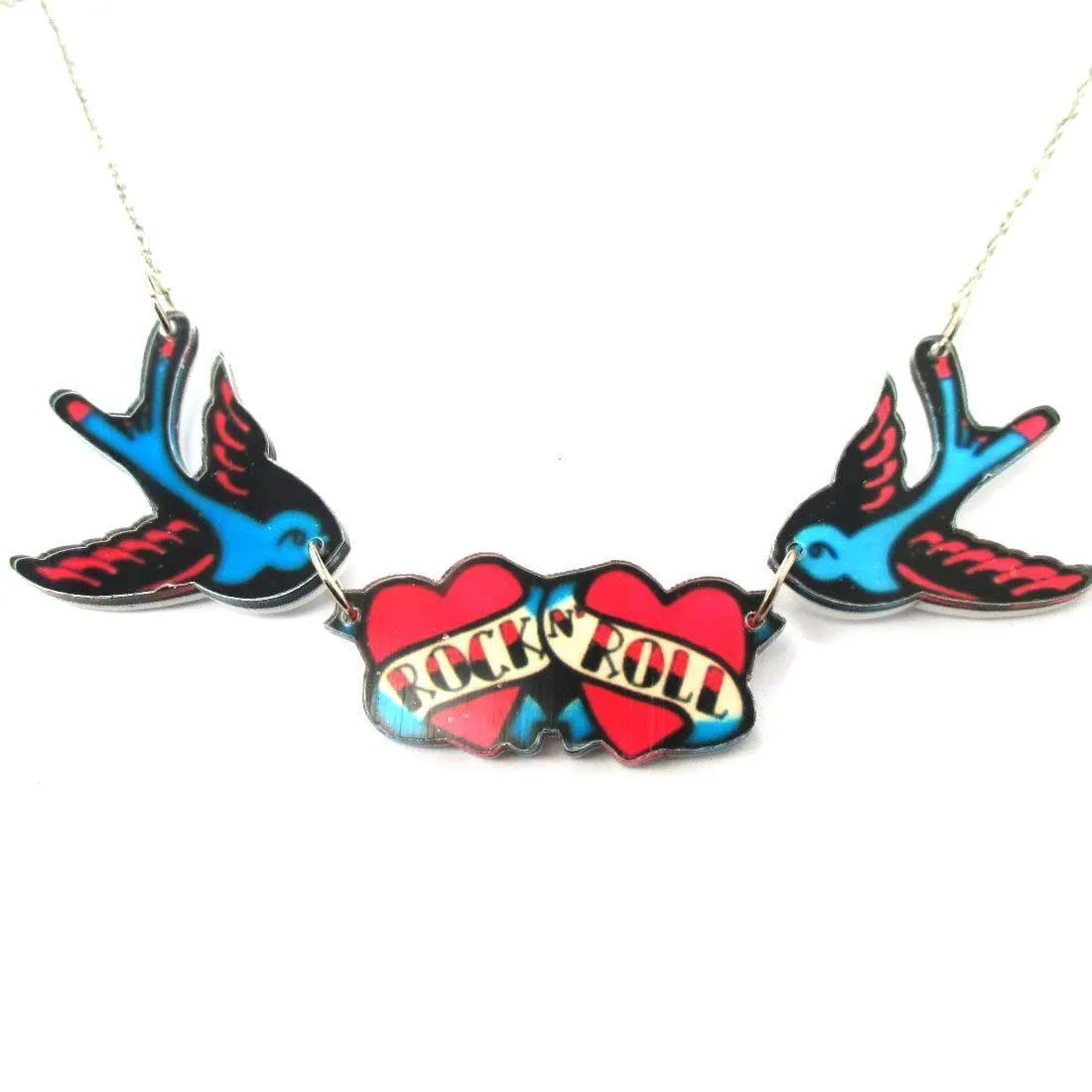 I Love Rock & Roll Sparrow Bird Shaped Tattoo Inspired Acrylic Pendant Necklace