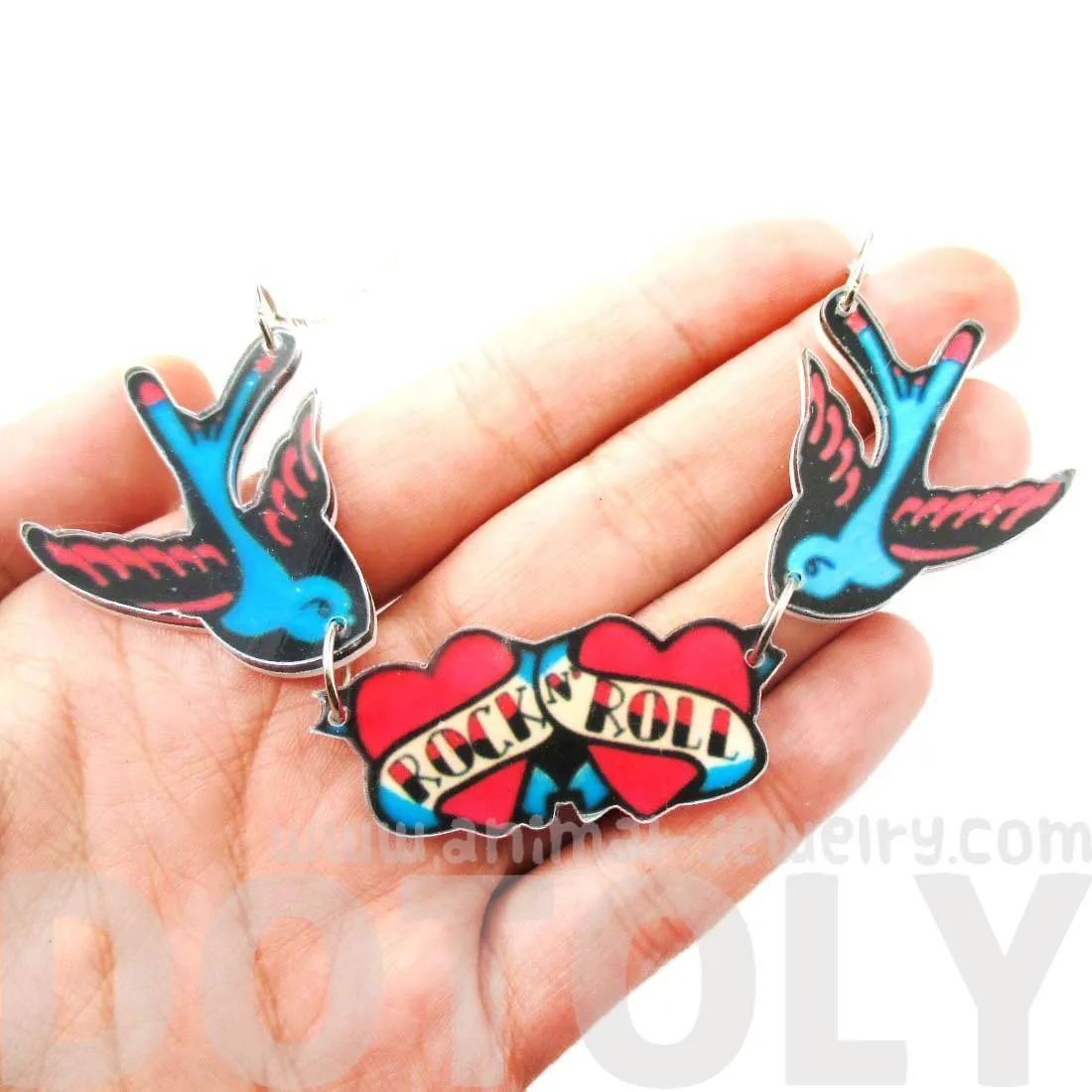 I Love Rock & Roll Sparrow Bird Shaped Tattoo Inspired Acrylic Pendant Necklace