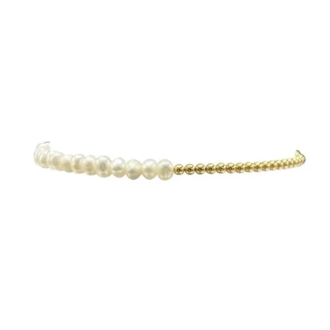 Karen Lazar  - 2 mm Yellow Gold Filled Bead Flex Bracelet with White Pearls Halfway