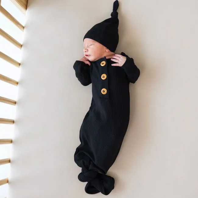 Kyte Baby Ribbed Knotted Gown with Hat Set in Midnight