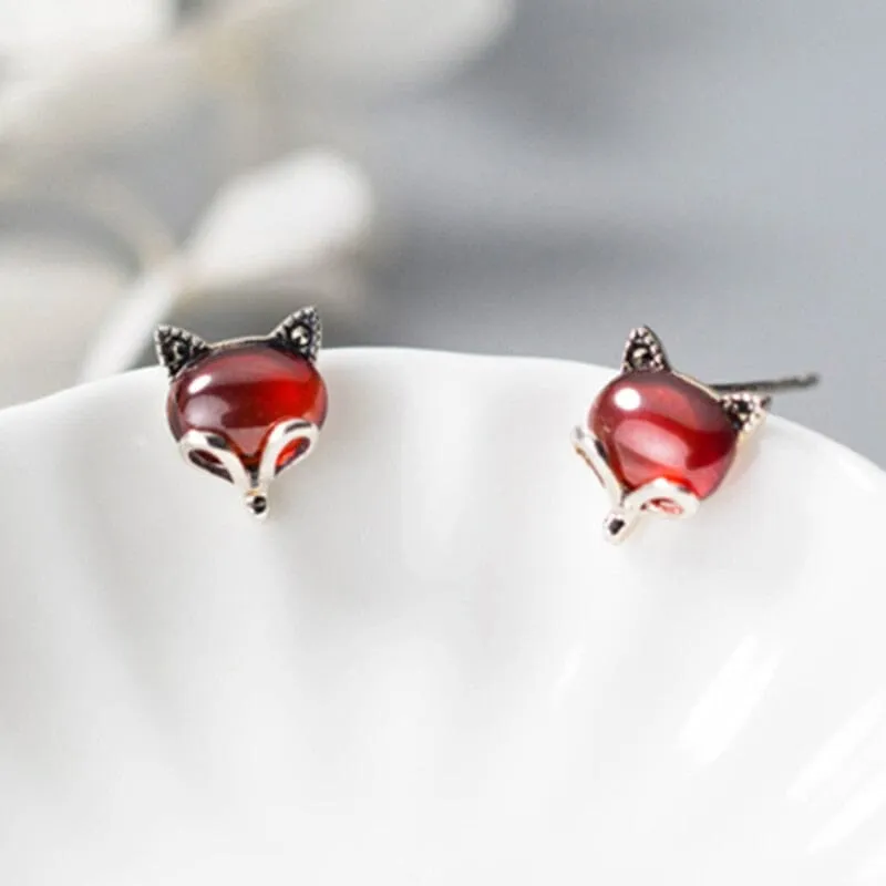 Lady Fashion Ruby Stone Fox Stud Earrings - 100% 925 Sterling Silver