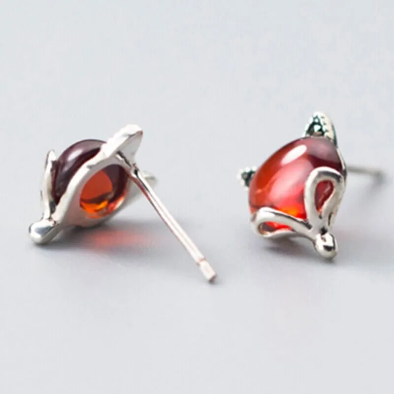 Lady Fashion Ruby Stone Fox Stud Earrings - 100% 925 Sterling Silver