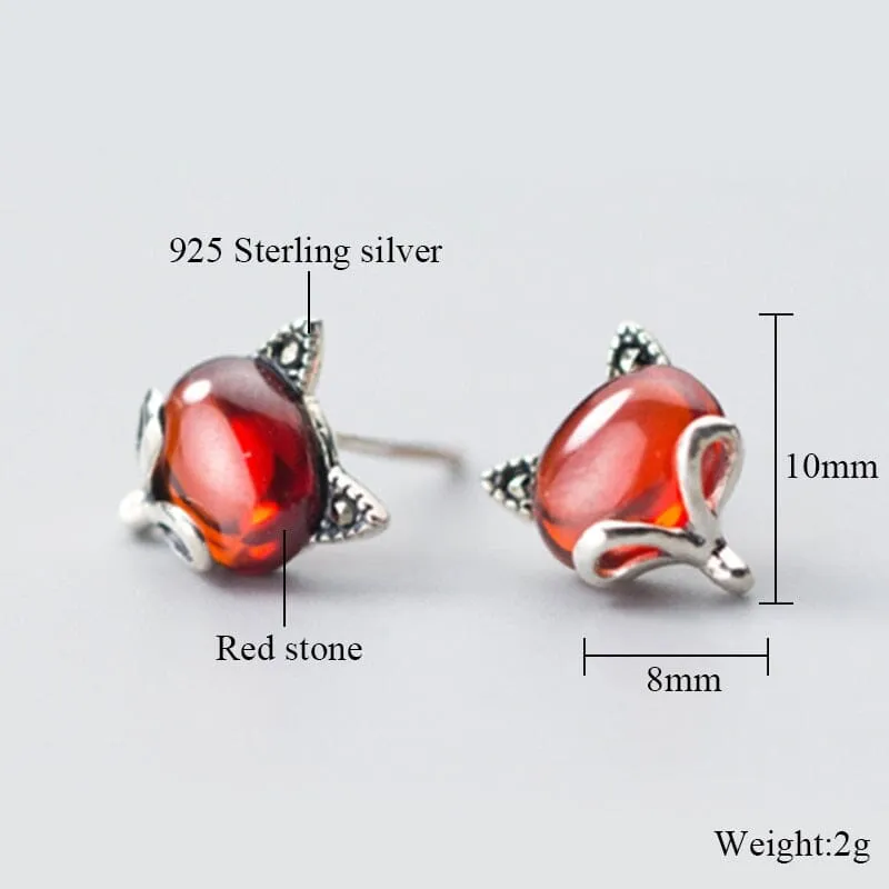 Lady Fashion Ruby Stone Fox Stud Earrings - 100% 925 Sterling Silver