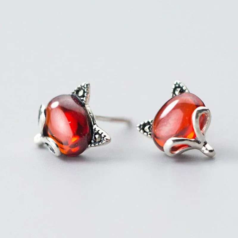 Lady Fashion Ruby Stone Fox Stud Earrings - 100% 925 Sterling Silver