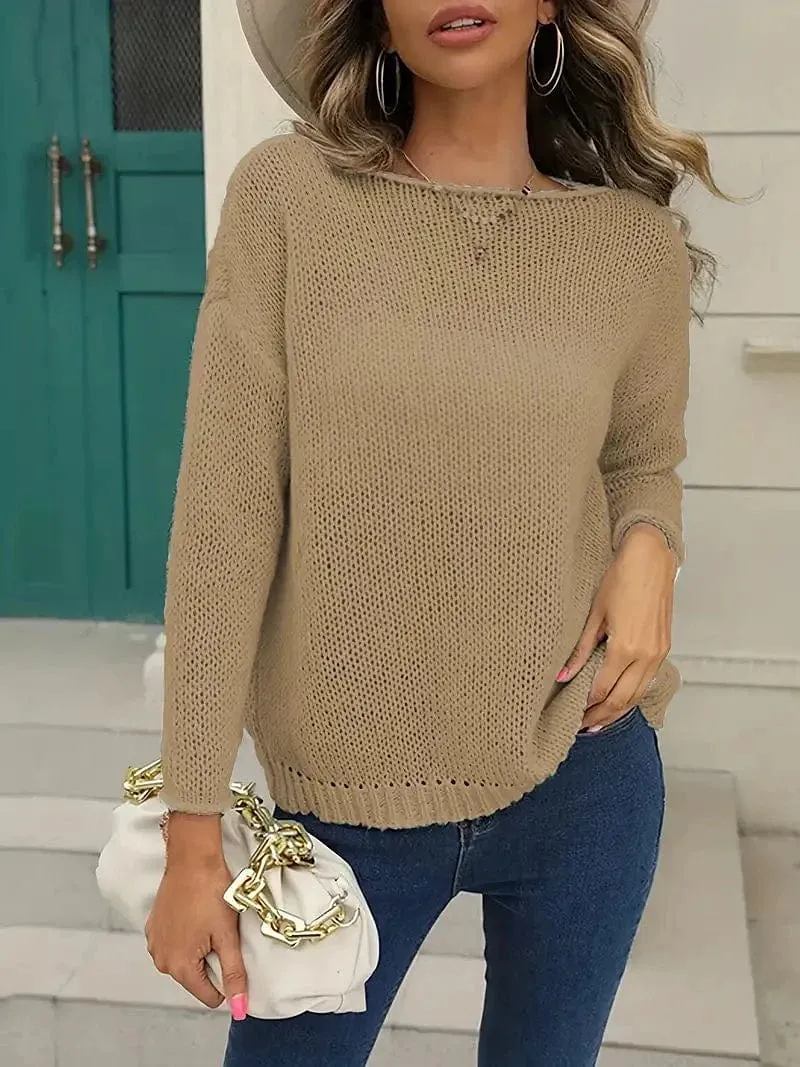 Lantern Sleeve Cable Knit Sweater for Women with Crew Neck