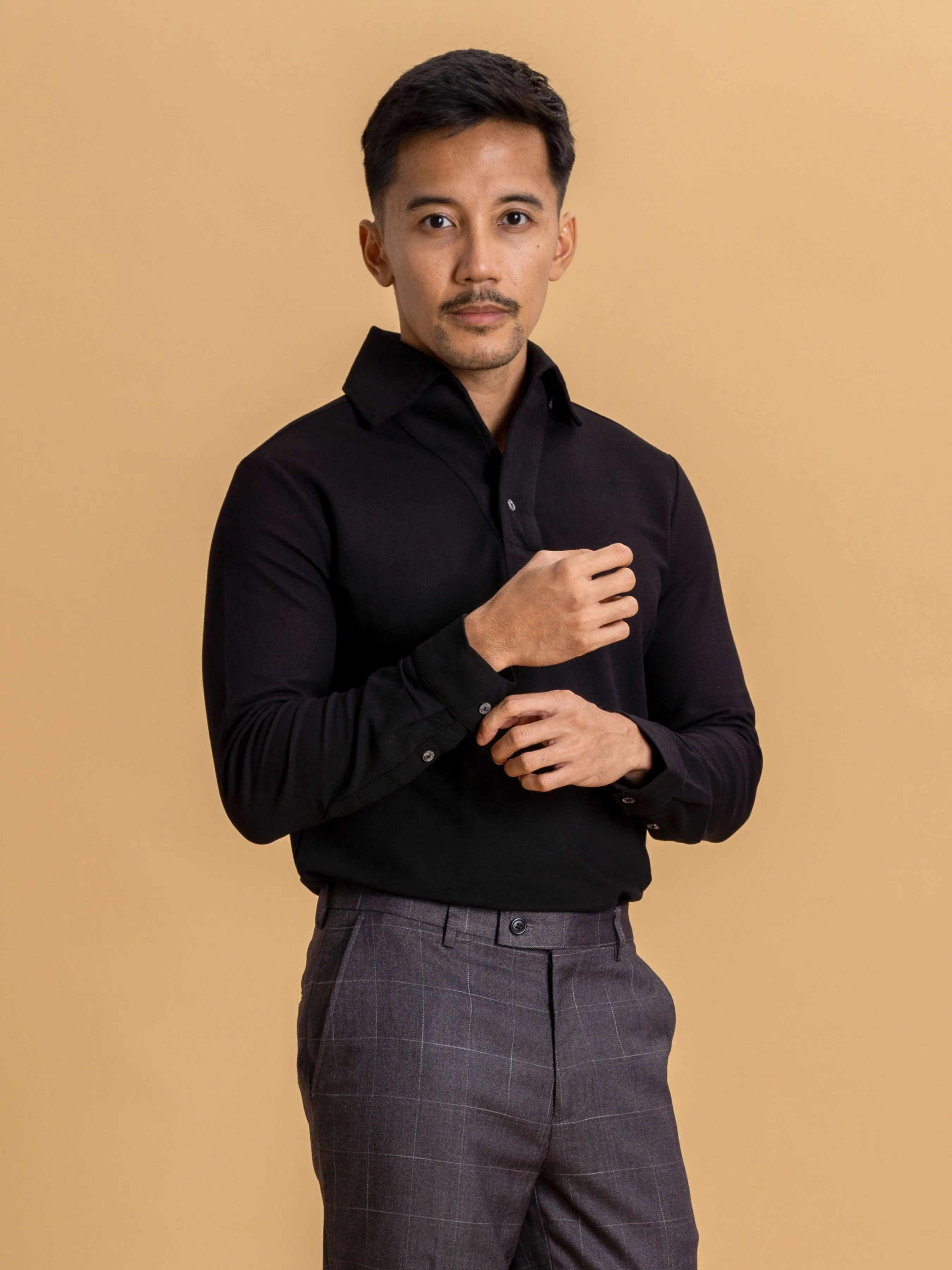 Long Sleeve Polo Shirt - Black One-Piece Collar Single Button