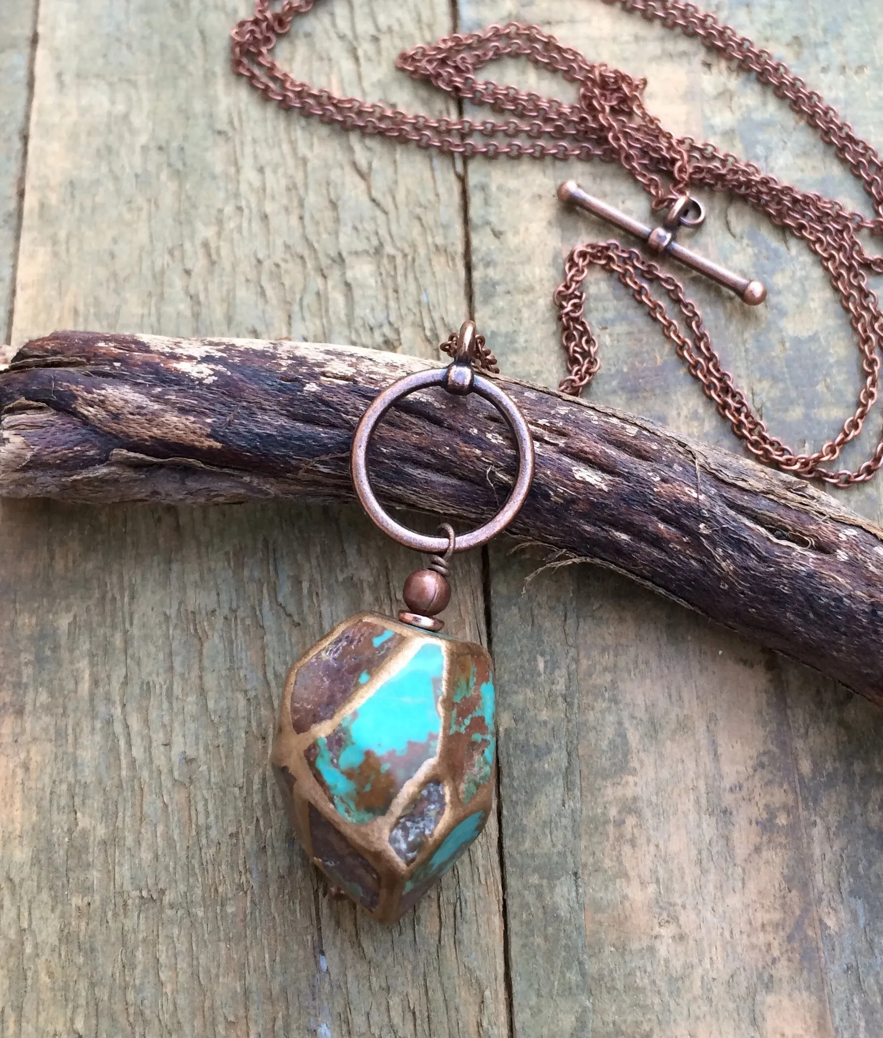 Long Turquoise Toggle Necklace, Adjustable Necklace with Turquoise Pendant, Long Copper Chain Necklace, Geometric Turquoise Pendant