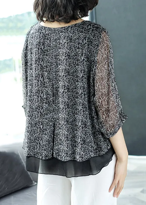 Loose Grey O Neck Chiffon Patchwork Top Bracelet Sleeve AB1007