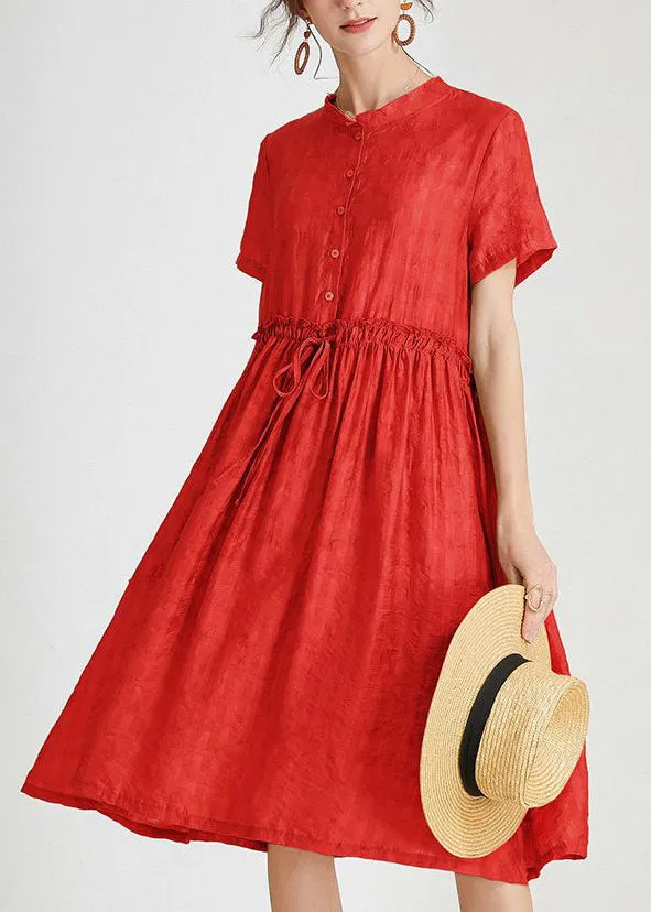 Loose Red Ruffled Tie Waist Silk Dress Short Sleeve AB1017