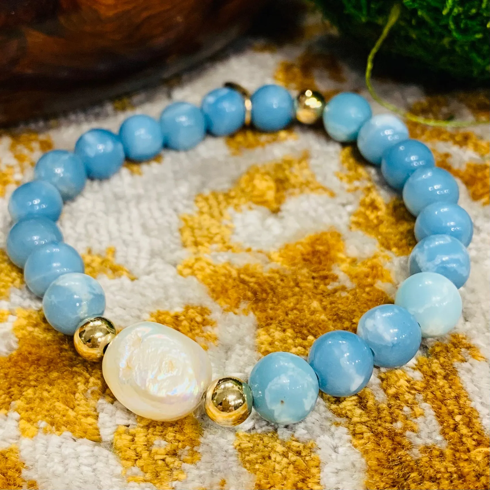 Luxury Baroque Pearl Gratitude Bracelet 14K Gold Filled in Sky Blue Larimar Quartz Peace  Love  Enlightenment