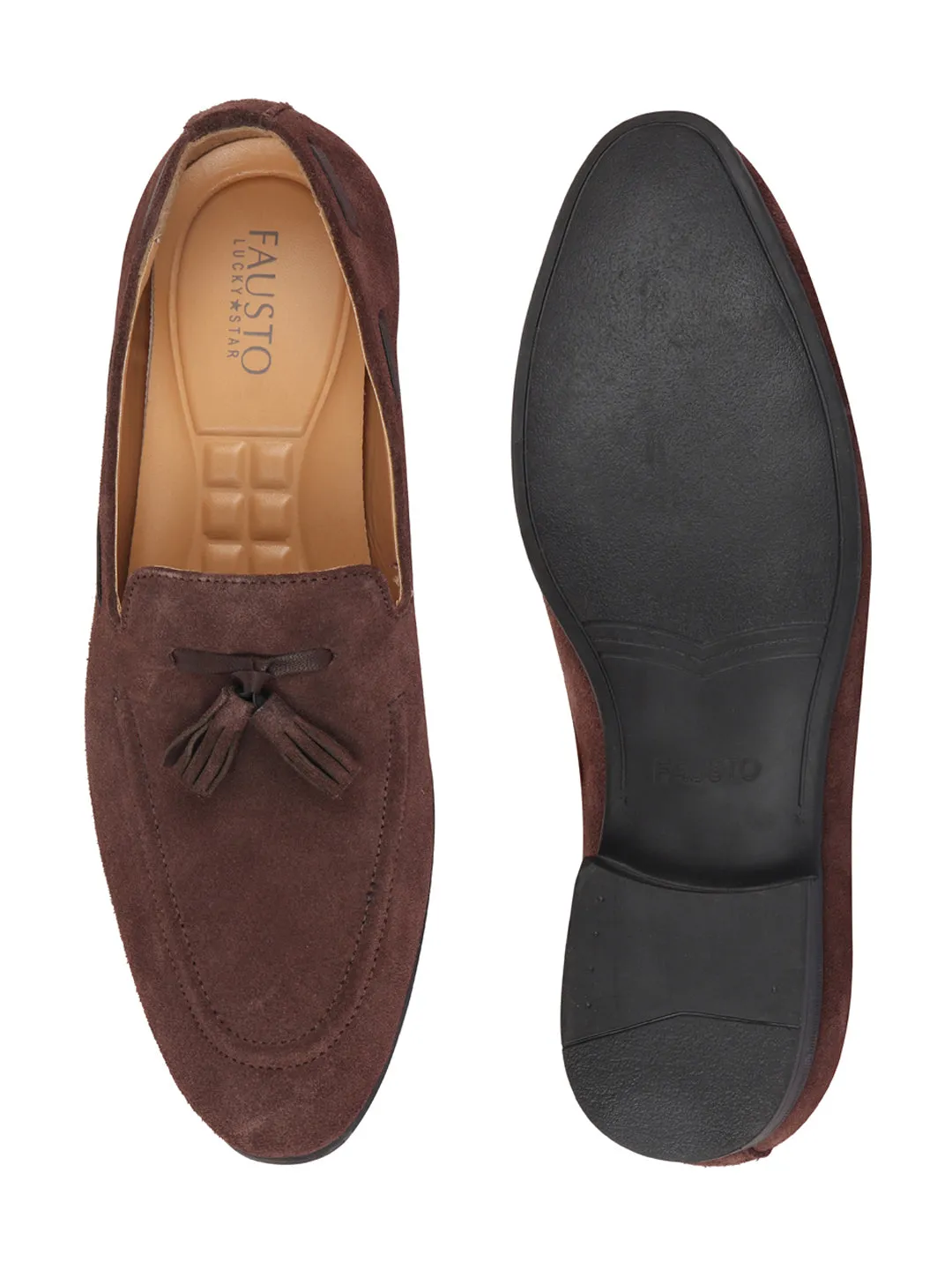 Men Brown Suede Leather Casual Tassel Loafer Shoes