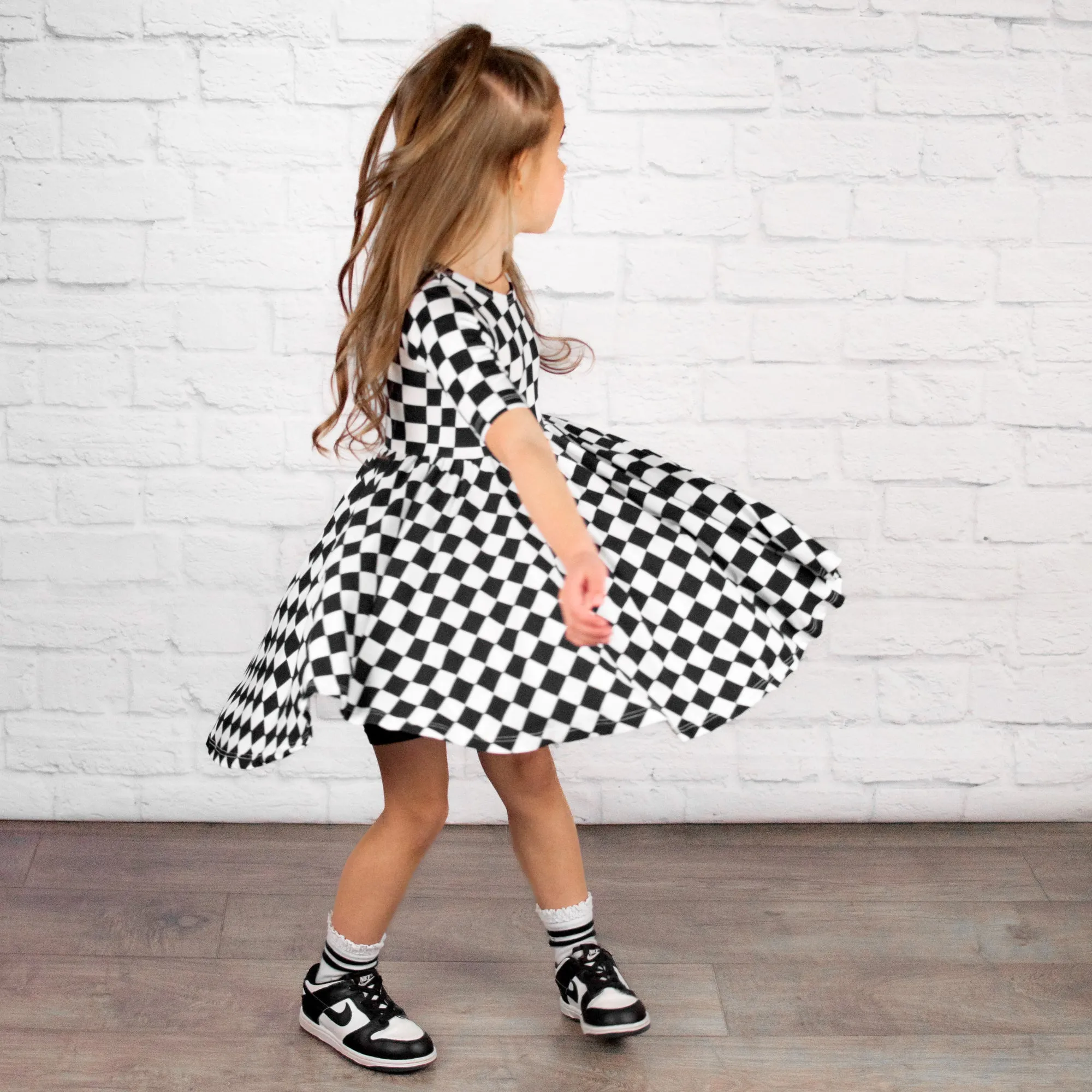 MID SLEEVE TWIRL DRESS- B W Check